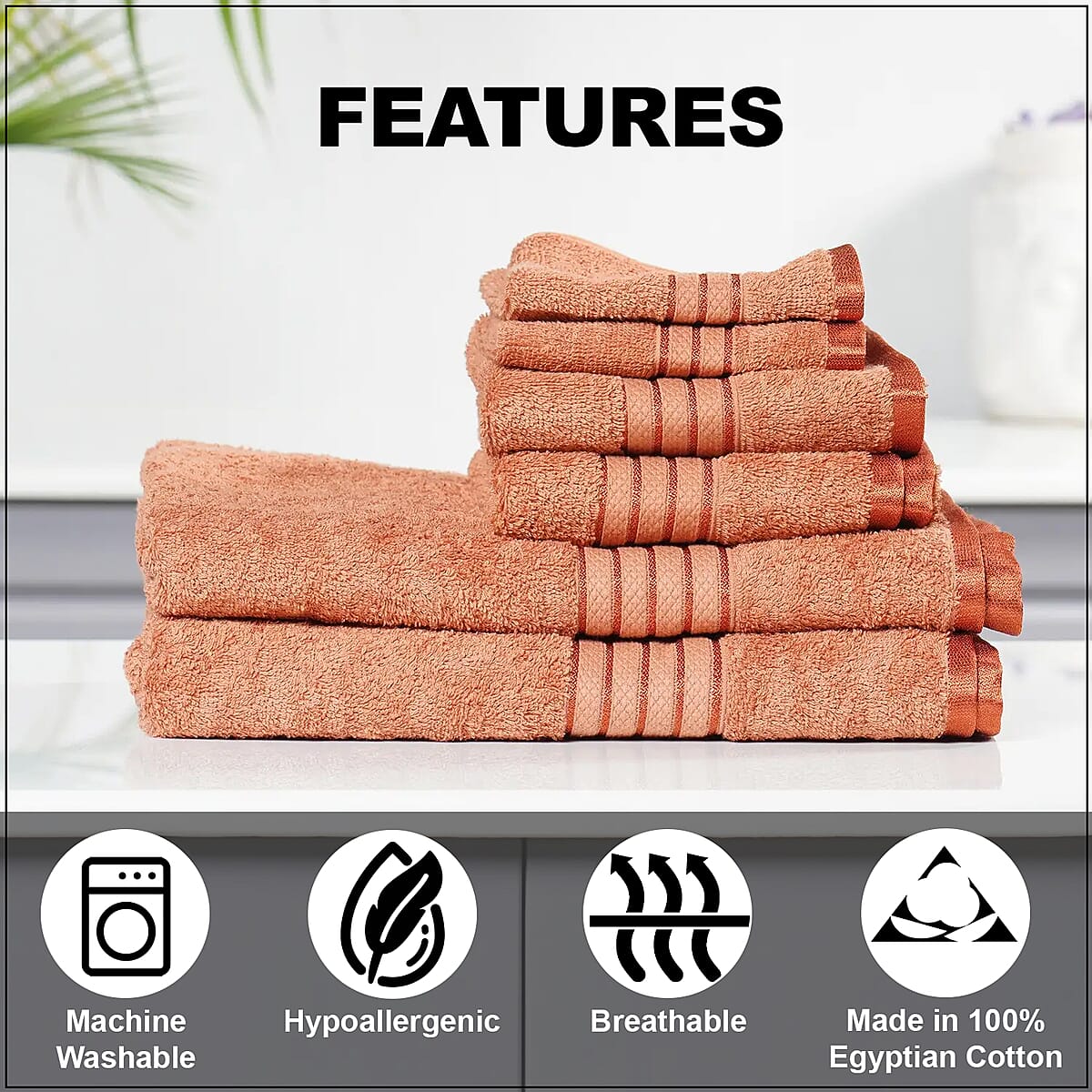 Set of 6 Copper Color 100% Egyptian Cotton Bath, Face and Hand Terry Towels image number 2