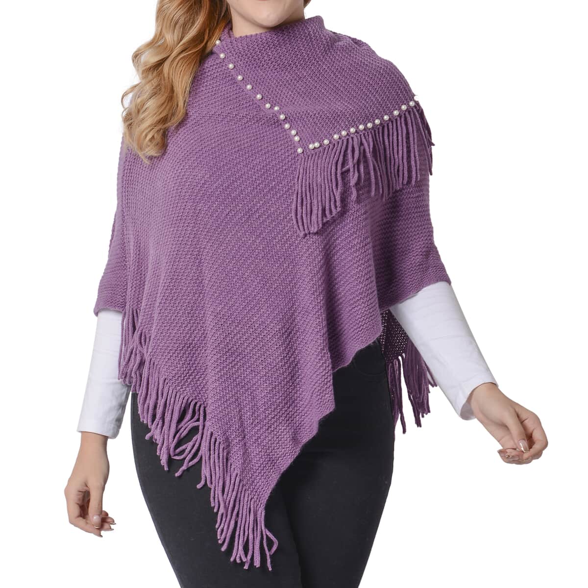 Value Buy Black Cape Neck V-Shape Poncho with Pearls and Fringe Accent (One Size Fits Most, 100% Acrylic) image number 0