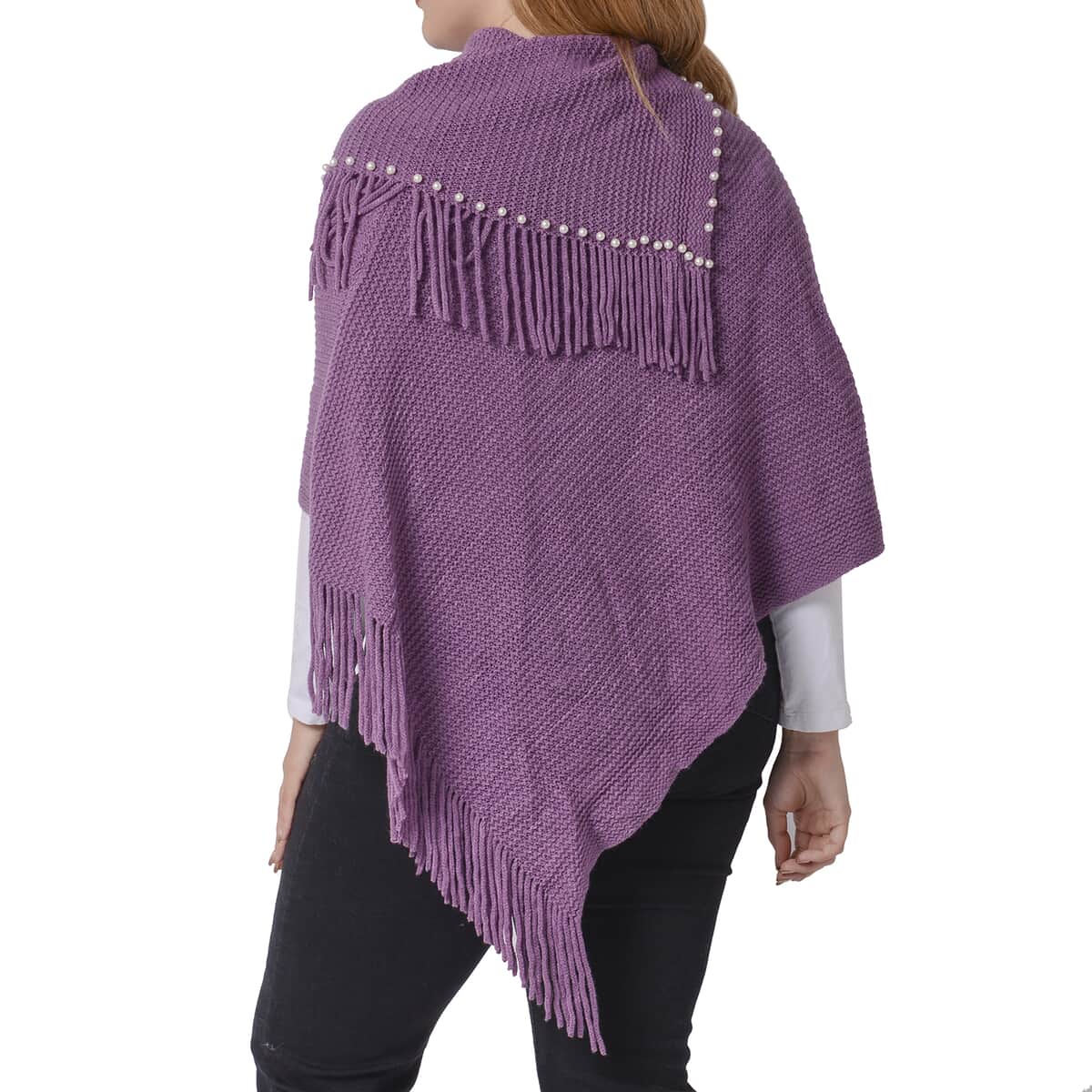 Mauve Cape Neck V-Shape Poncho with Pearls and Fringe Accent (One Size Fits Most, 100% Acrylic) image number 1