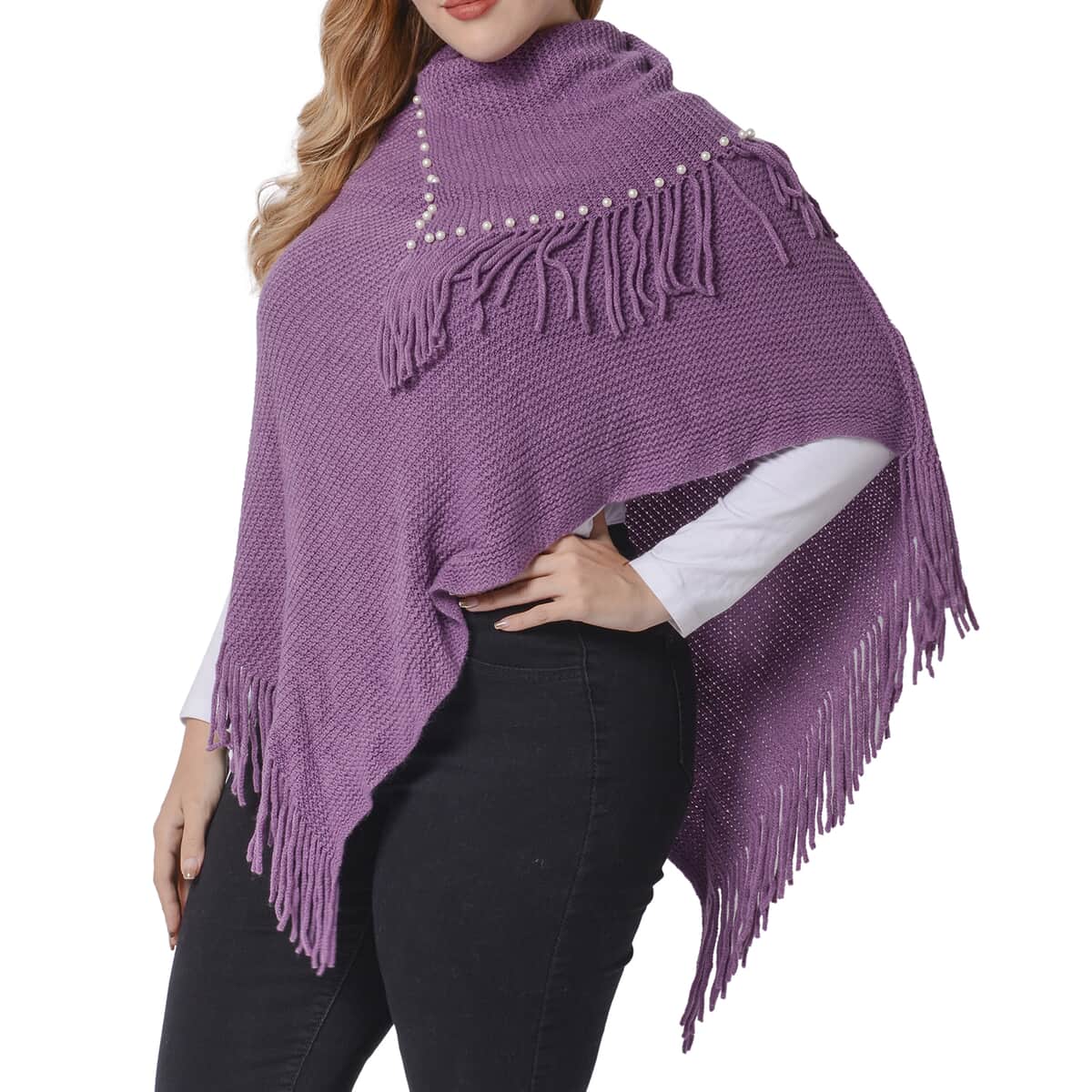 Mauve Cape Neck V-Shape Poncho with Pearls and Fringe Accent (One Size Fits Most, 100% Acrylic) image number 2