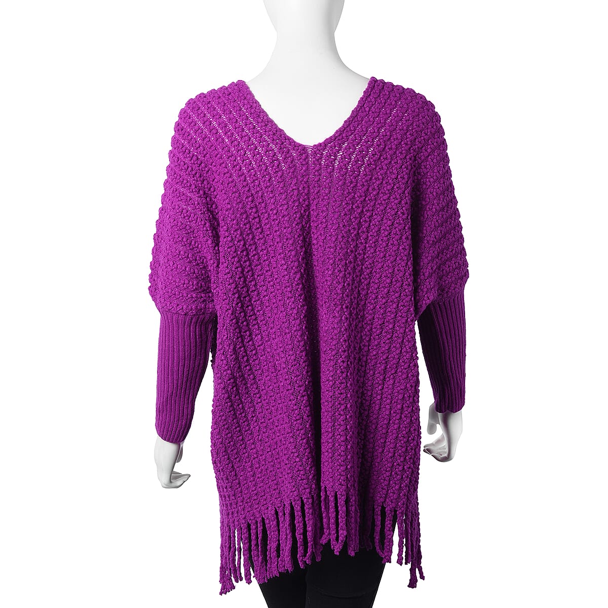 Purple Cable Knit Dolman Sleeve Sweater With Fringe (One Size Fits Most, 100% Acrylic) image number 1