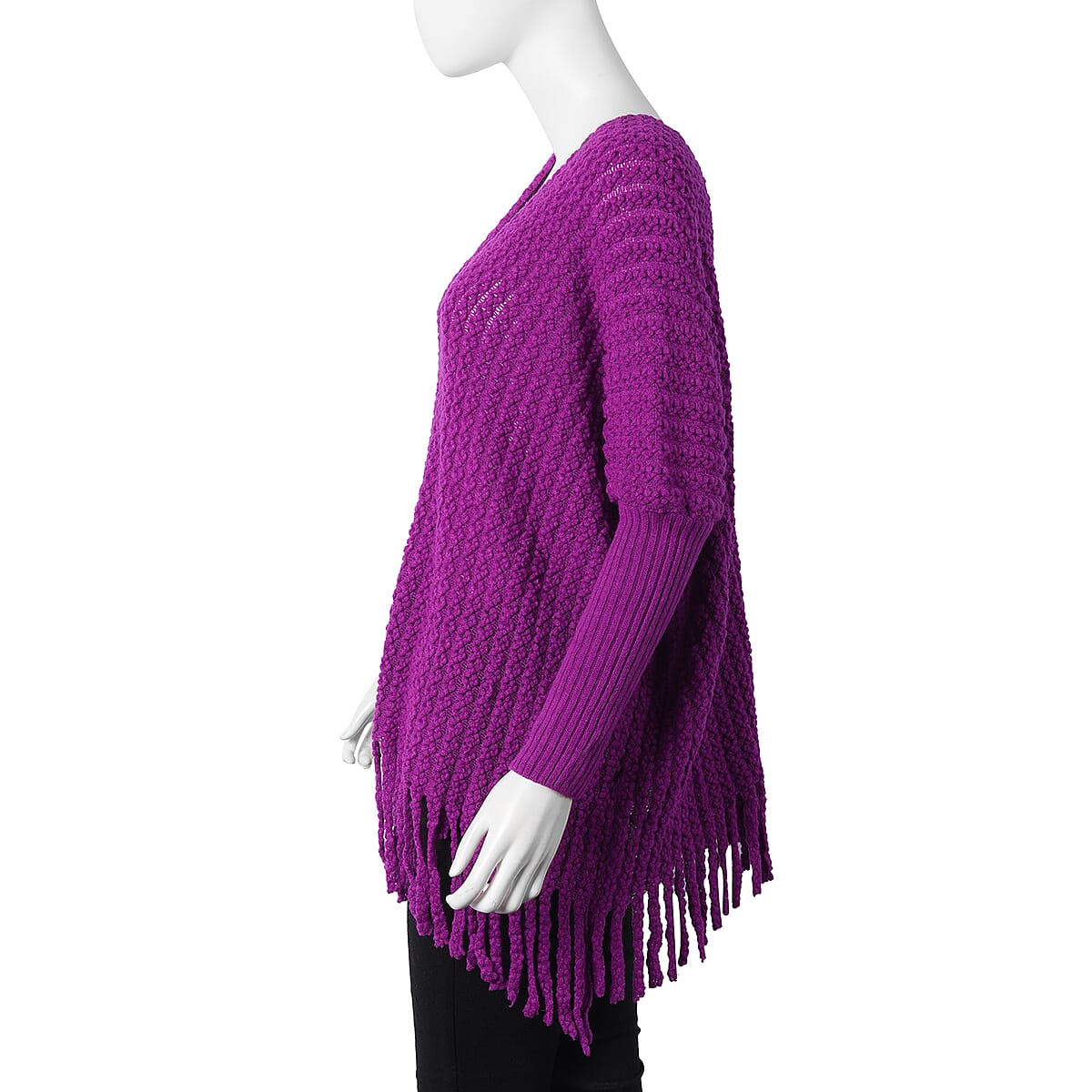 Purple Cable Knit Dolman Sleeve Sweater With Fringe (One Size Fits Most, 100% Acrylic) image number 2