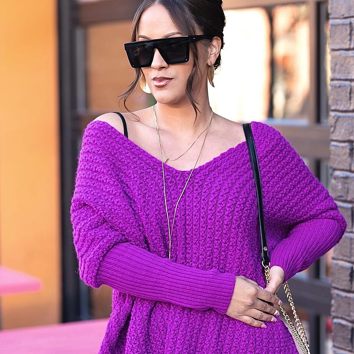 Purple Cable Knit Dolman Sleeve Sweater With Fringe (One Size Fits Most, 100% Acrylic) image number 4