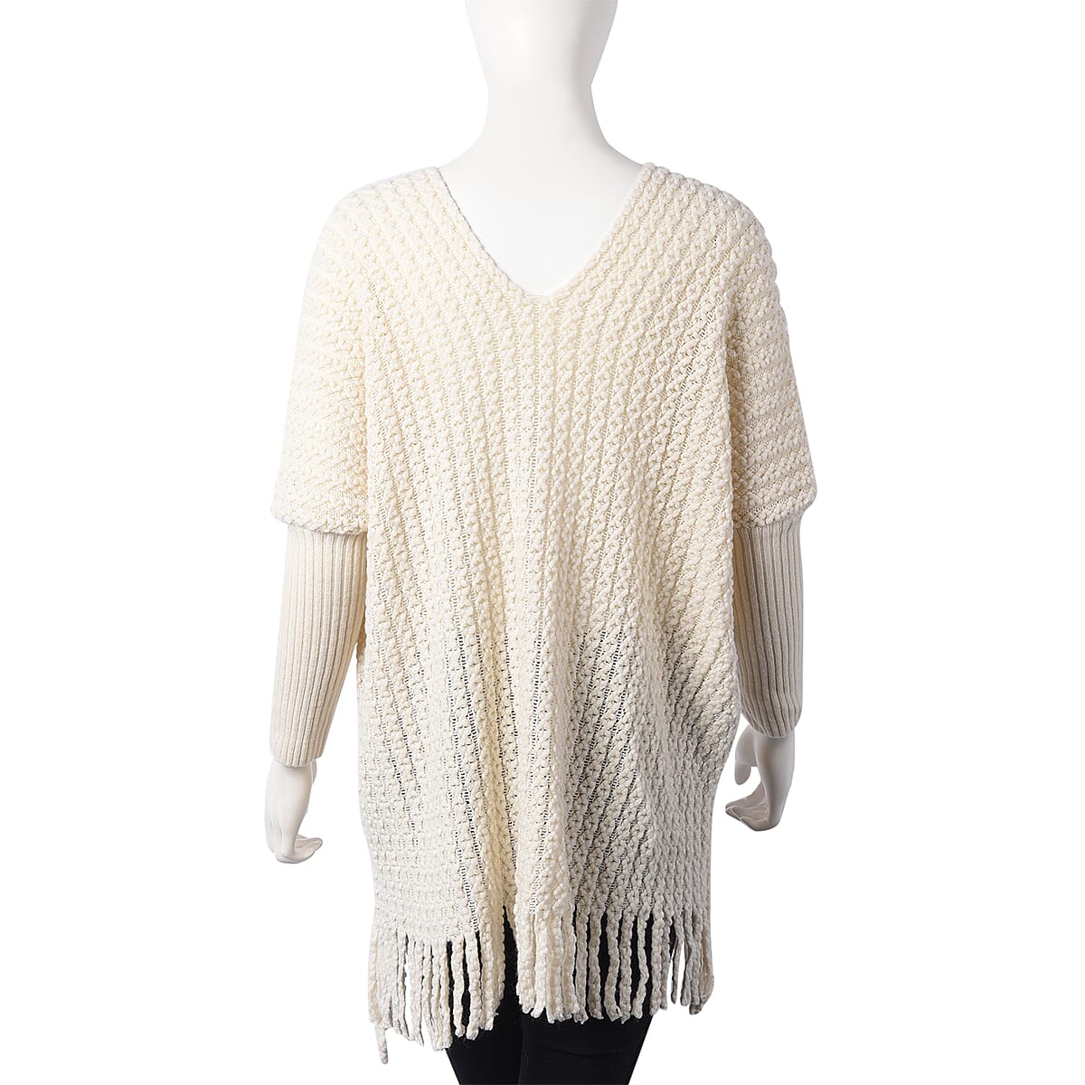 Off White Cable Knit Dolman Sleeve Sweater With Fringe (One Size Fits Most, 100% Acrylic) image number 1