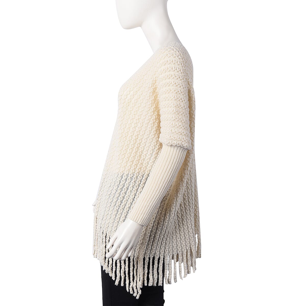 Off White Cable Knit Dolman Sleeve Sweater With Fringe (One Size Fits Most, 100% Acrylic) image number 2