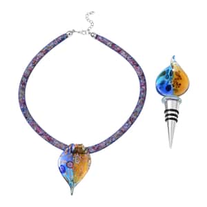 Multi Color Murano Style and Multi Gemstone Pendant With Necklace 20-23 Inches and Bottle Stopper in Silvertone