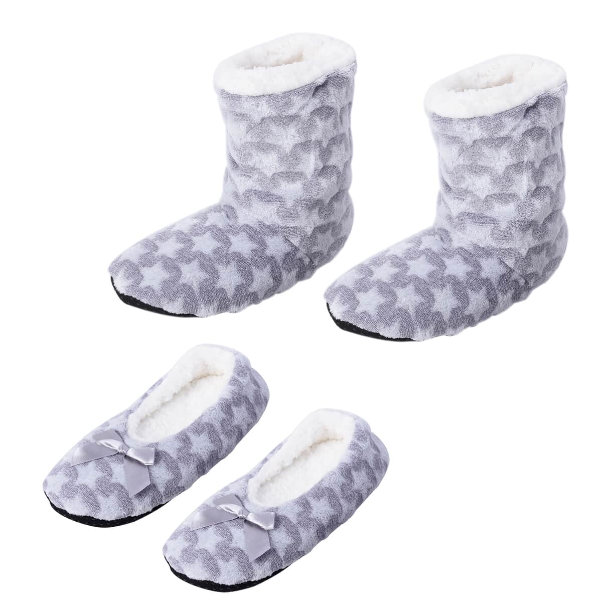 Homesmart Gray Star Pattern Microfiber Faux Fur, Sherpa Booties and Matching Ballerina Slippers (Women's Size 5-10) image number 0