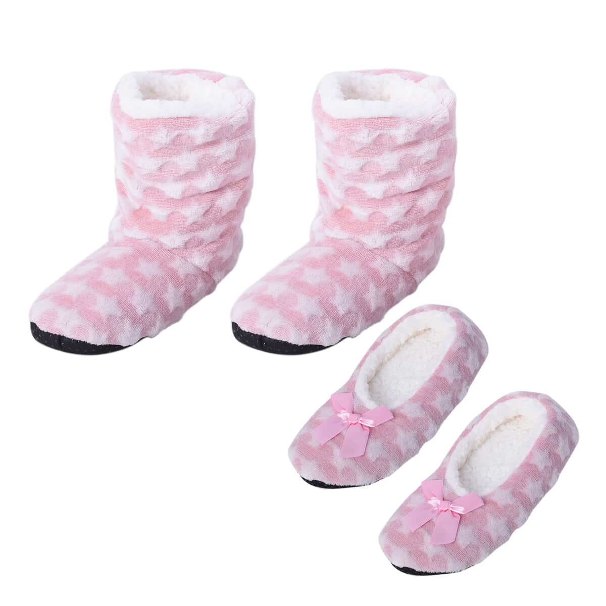 HOMESMART Pink Star Pattern Microfiber Faux Fur, Sherpa Booties and Matching Ballerina Slippers (Women's Size 5-10) image number 0