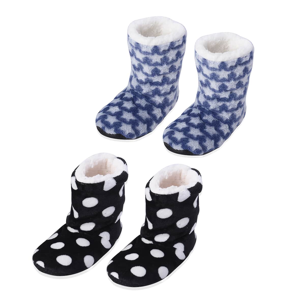 Passage Set of 2 Blue Star and Black Polka Dot Pattern 100% Polyester Faux Fur, Sherpa Booties (Size S) image number 0