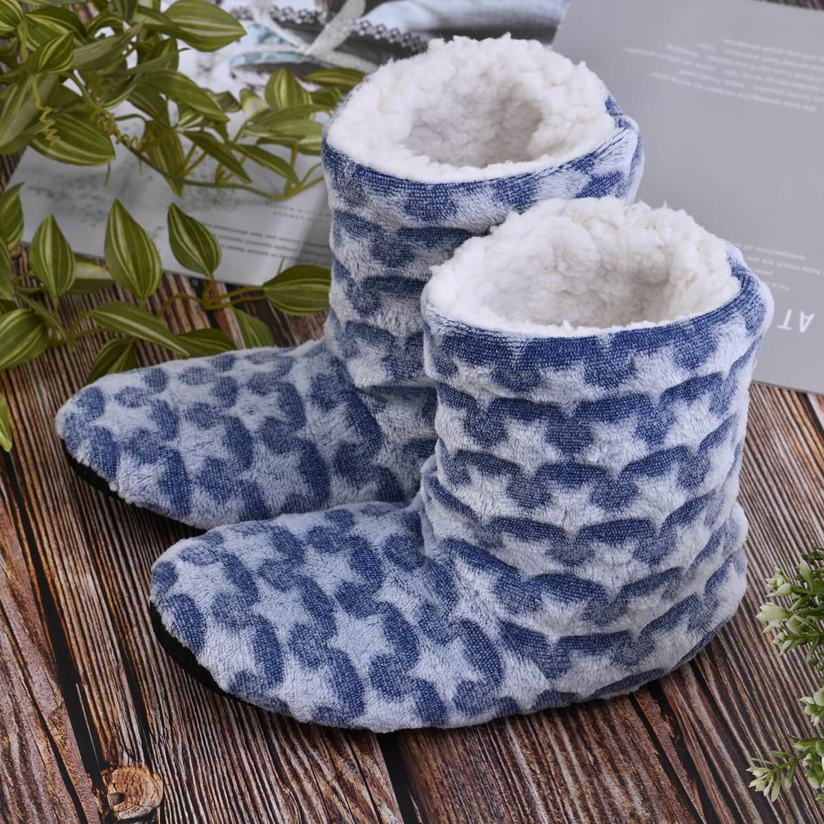 Passage Set of 2 Blue Star and Black Polka Dot Pattern 100% Polyester Faux Fur, Sherpa Booties (Size S) image number 2