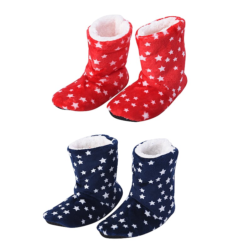 Passage Set of 2 Pairs Red and Navy Star Pattern 100% Polyester Faux Fur, Sherpa Booties (Size S)