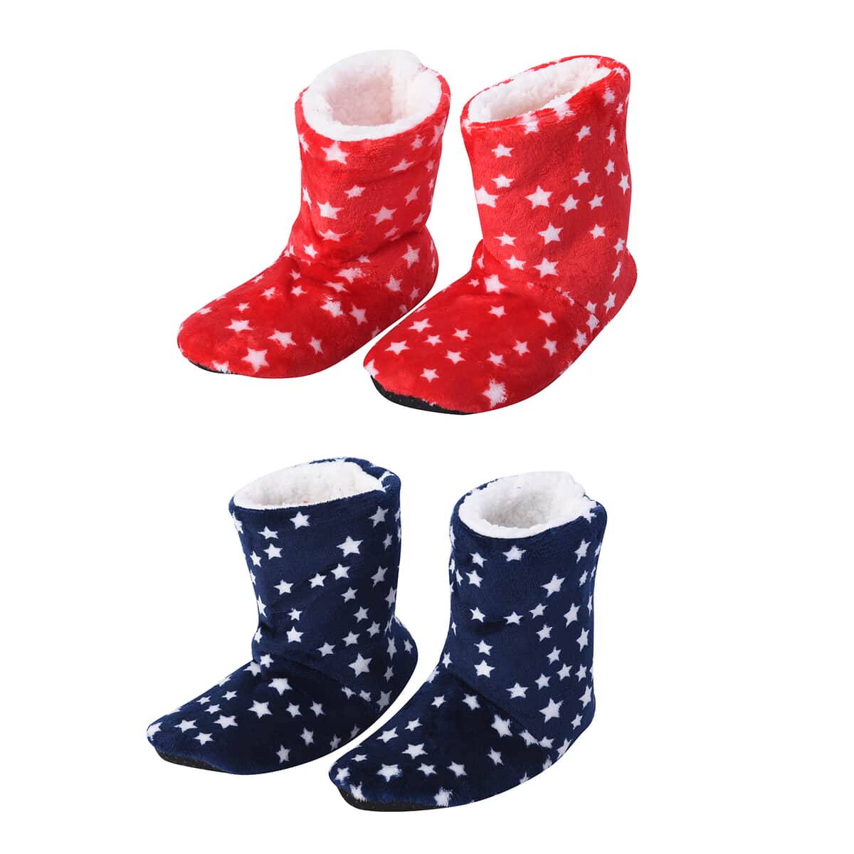 Passage Set of 2 Pairs Red and Navy Star Pattern 100% Polyester Faux Fur, Sherpa Booties (Size S) image number 0