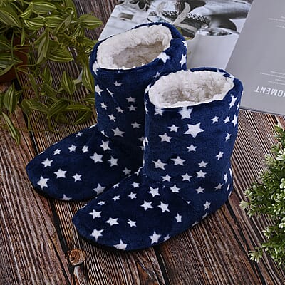 Passage Set of 2 Pairs Red and Navy Star Pattern 100% Polyester Faux Fur, Sherpa Booties (Size S)