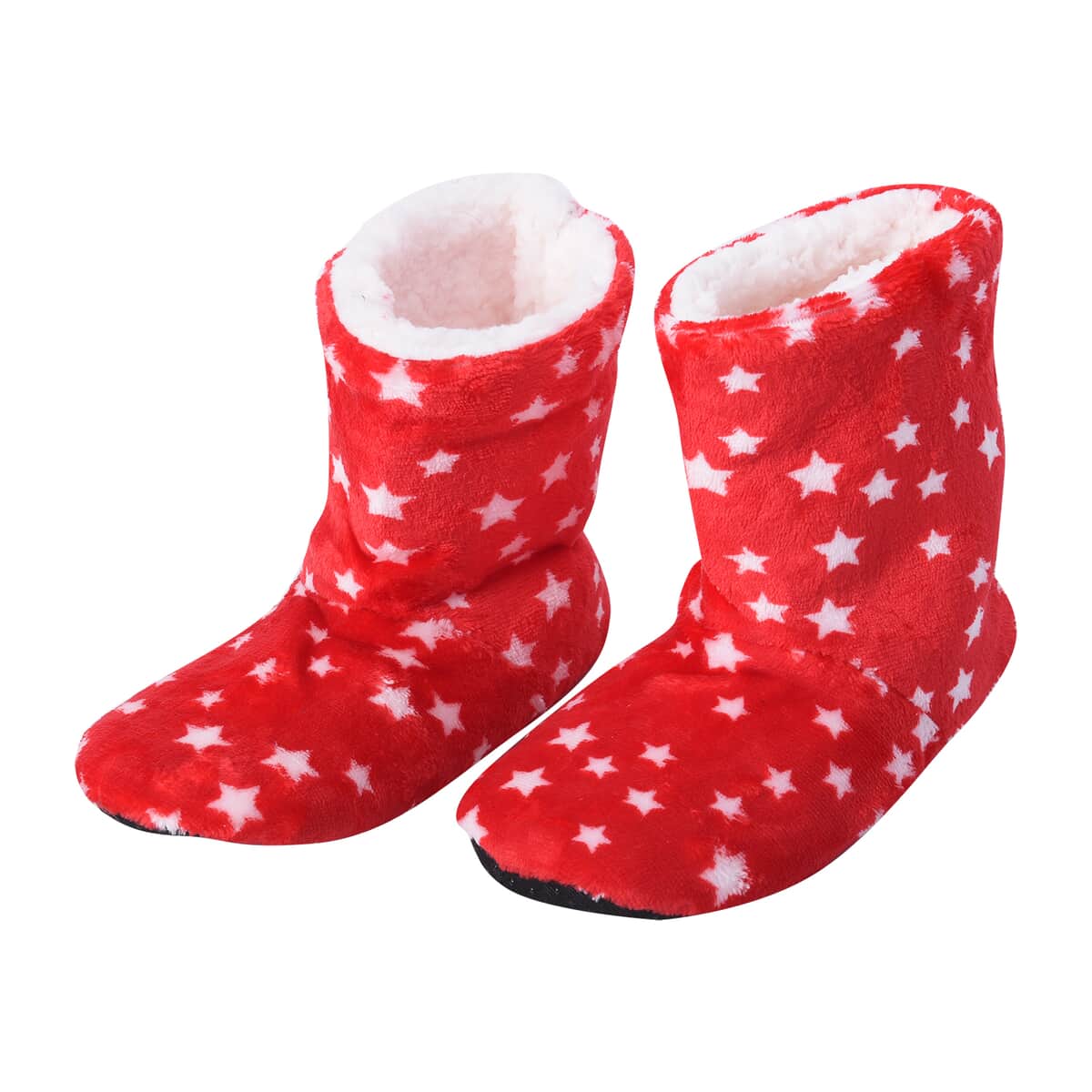 Passage Set of 2 Pairs Red and Navy Star Pattern 100% Polyester Faux Fur, Sherpa Booties (Size S) image number 3