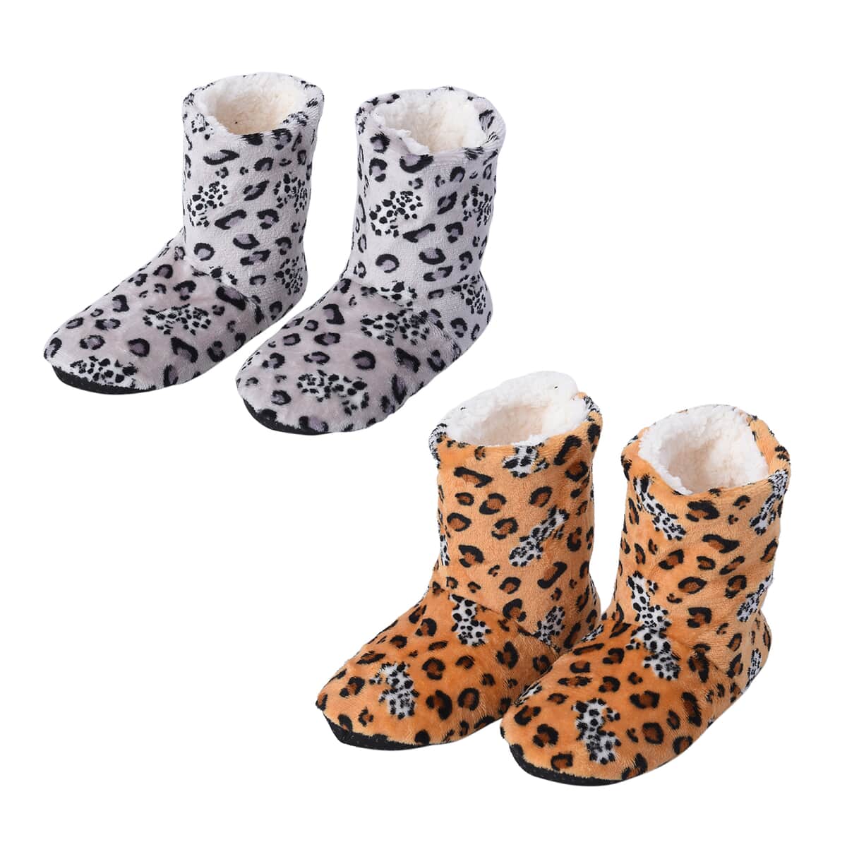 Passage Set of 2 Pairs Brown and Gray Leopard Pattern 100% Polyester Faux Fur, Sherpa Booties (Size S) image number 0
