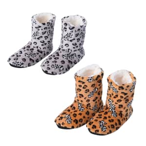 Passage Set of 2 Pairs Brown and Gray Leopard Pattern 100% Polyester Faux Fur, Sherpa Booties (Size S)