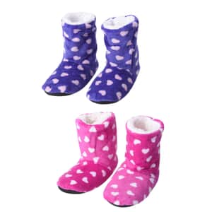 Passage Set of 2 Pairs Blue and Pink Heart Polka Dot Pattern 100% Polyester Faux Fur, Sherpa Booties (Size S)