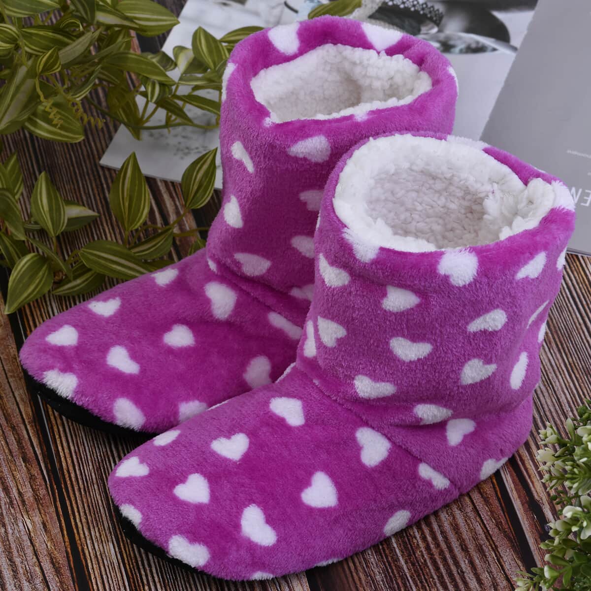 Passage Set of 2 Pairs Blue and Pink Heart Polka Dot Pattern 100% Polyester Faux Fur, Sherpa Booties (Size S) image number 1