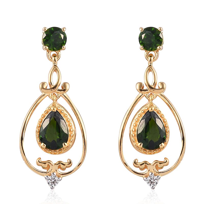 Natural Russian Diopside and Natural White Zircon Inner Drop Dangle Earrings in Vermeil Yellow Gold Over Sterling Silver 2.35 ctw