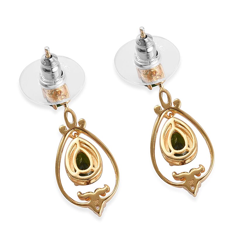 Natural Russian Diopside and Natural White Zircon Inner Drop Dangle Earrings in Vermeil Yellow Gold Over Sterling Silver 2.35 ctw