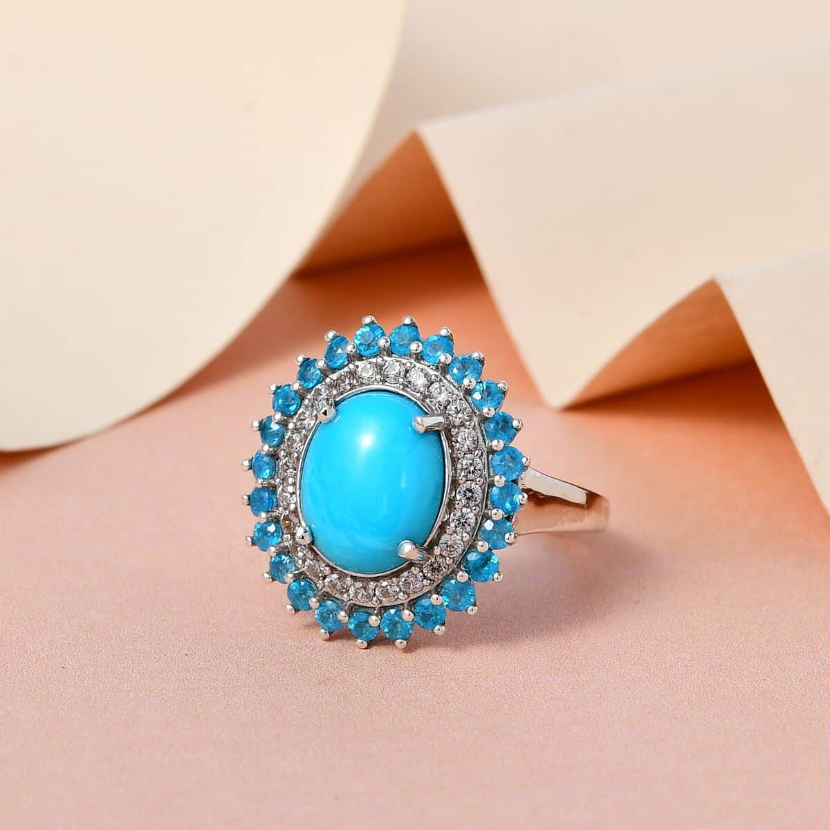 American Natural Sleeping Beauty Turquoise and Multi Gemstone Double Halo Ring in Platinum Over Sterling Silver 4.50 ctw image number 1