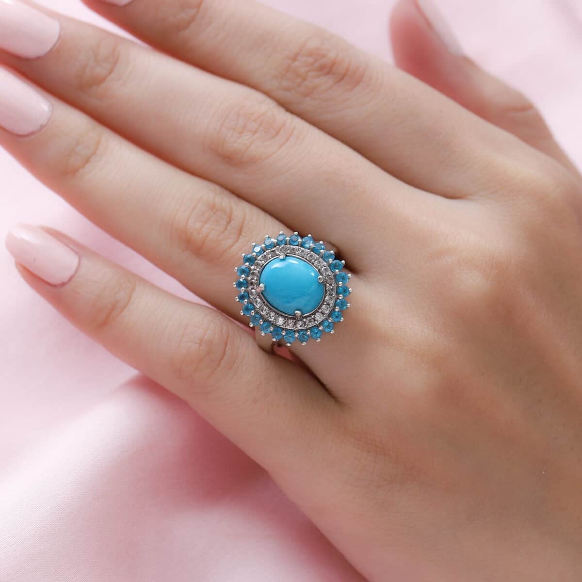 Sleeping Beauty Turquoise and Multi Gemstone Double Halo Ring in Platinum Over Sterling Silver (Size 10.0) 4.50 ctw image number 2