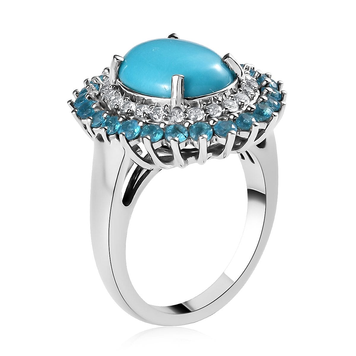 Sleeping Beauty Turquoise and Multi Gemstone Double Halo Ring in Platinum Over Sterling Silver (Size 7.0) 4.50 ctw image number 3