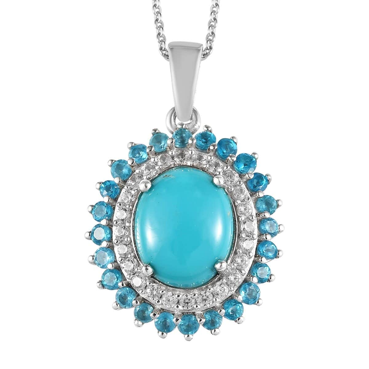 Sleeping Beauty Turquoise and Multi Gemstone Double Halo Pendant Necklace 20 Inches in Platinum Over Sterling Silver 4.50 ctw image number 0