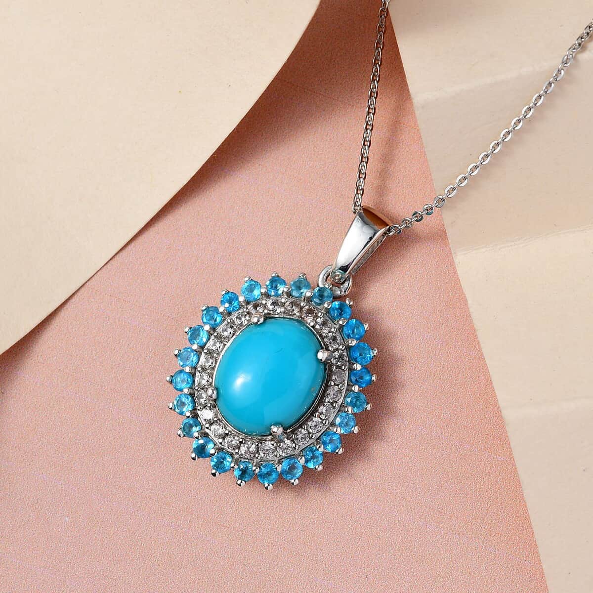 Sleeping Beauty Turquoise and Multi Gemstone Double Halo Pendant Necklace 20 Inches in Platinum Over Sterling Silver 4.50 ctw image number 1