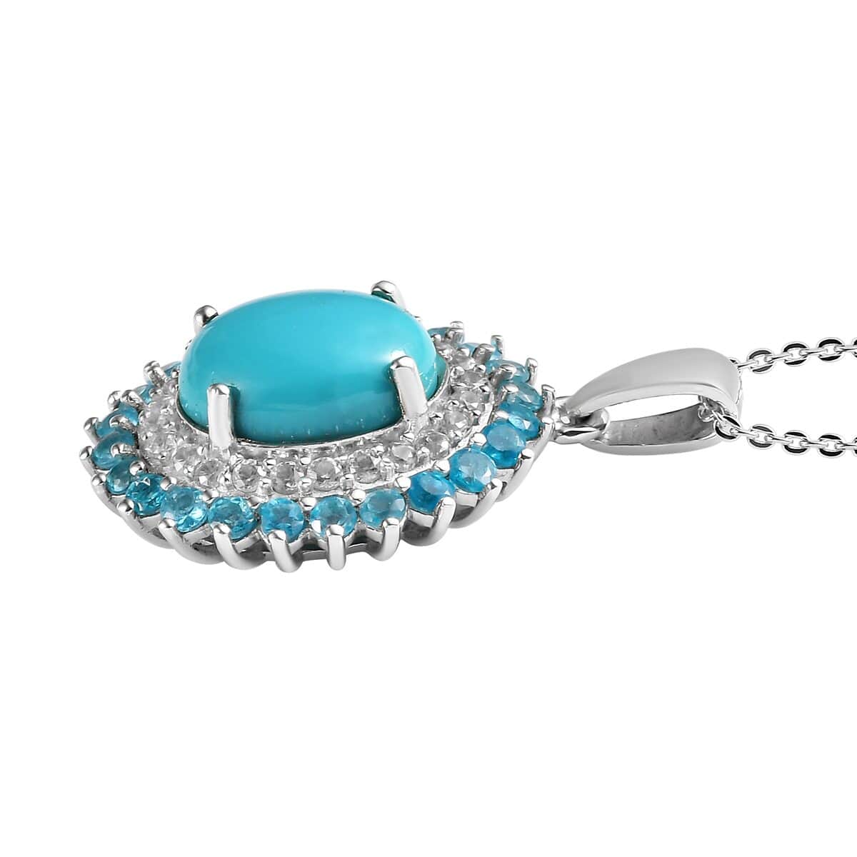 Sleeping Beauty Turquoise and Multi Gemstone Double Halo Pendant Necklace 20 Inches in Platinum Over Sterling Silver 4.50 ctw image number 3