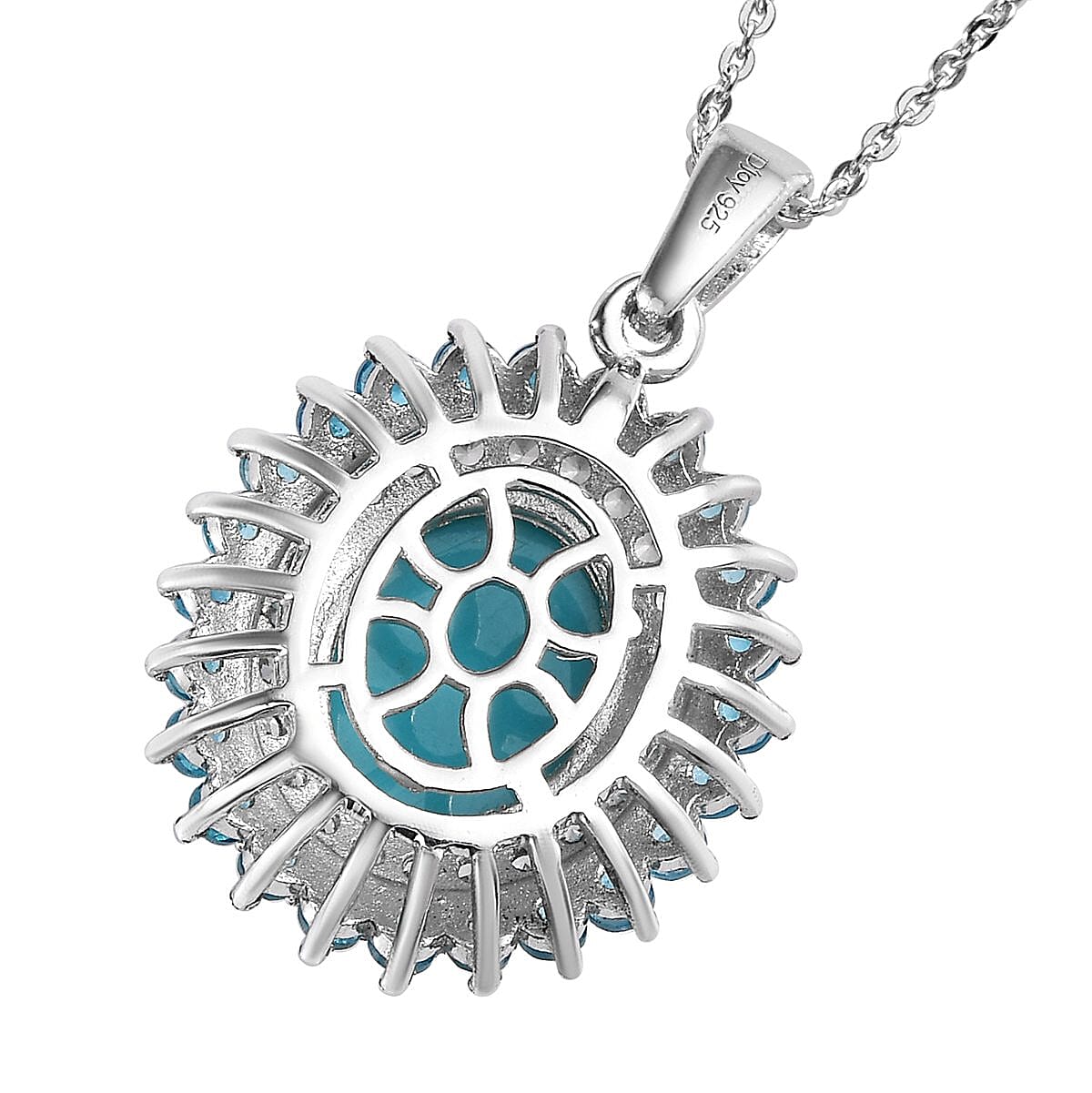 Sleeping Beauty Turquoise and Multi Gemstone Double Halo Pendant Necklace 20 Inches in Platinum Over Sterling Silver 4.50 ctw