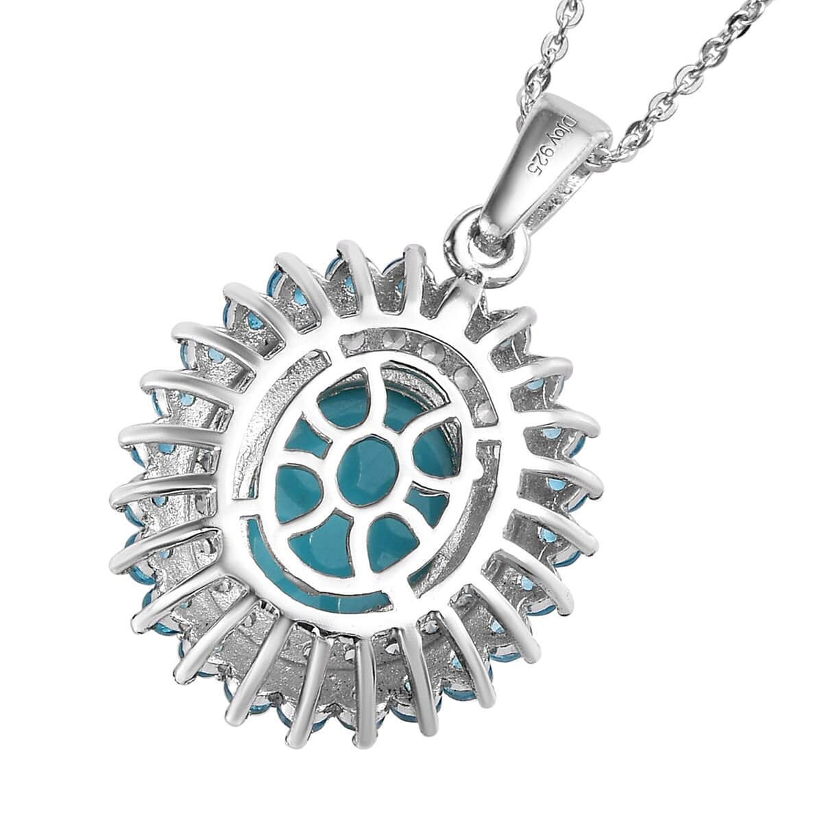 Sleeping Beauty Turquoise and Multi Gemstone Double Halo Pendant Necklace 20 Inches in Platinum Over Sterling Silver 4.50 ctw image number 4