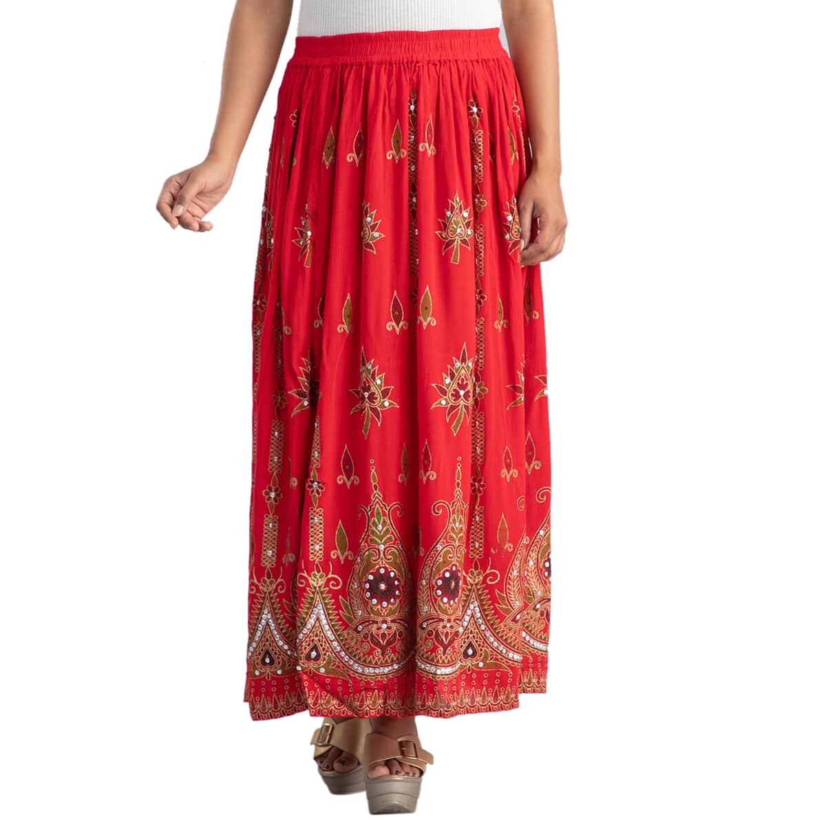 Tamsy Red Sequin Embellished Long Skirt for Women , Cotton Skirt , Summer Skirts , Women Skirt image number 0