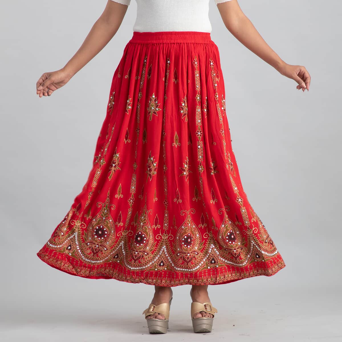Tamsy Red Sequin Embellished Long Skirt for Women , Cotton Skirt , Summer Skirts , Women Skirt image number 1