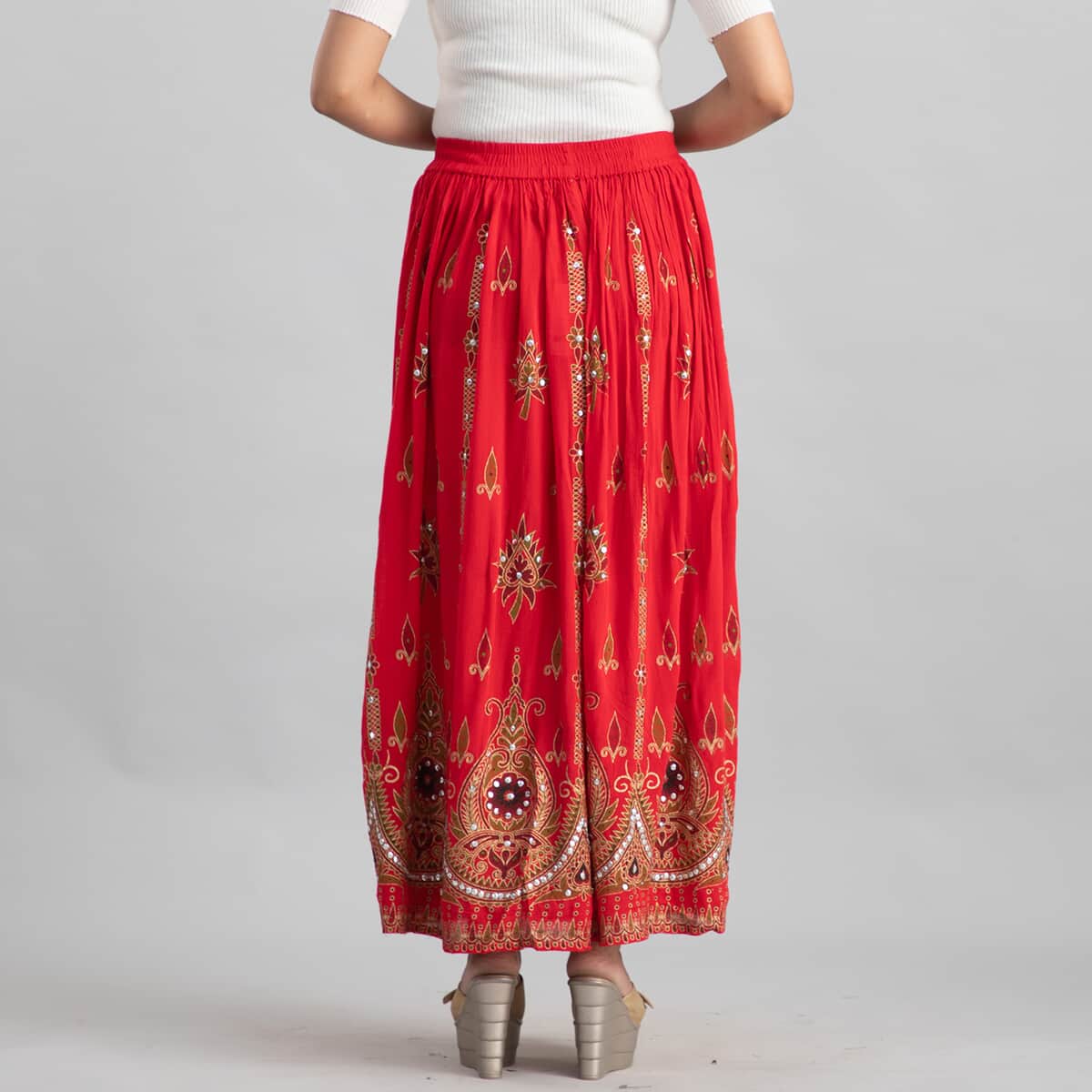Tamsy Red Sequin Embellished Long Skirt for Women , Cotton Skirt , Summer Skirts , Women Skirt image number 2