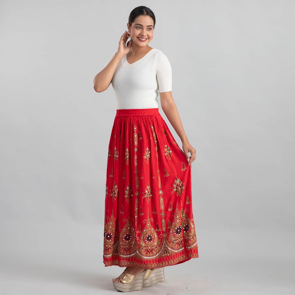 Tamsy Red Sequin Embellished Long Skirt for Women , Cotton Skirt , Summer Skirts , Women Skirt image number 3