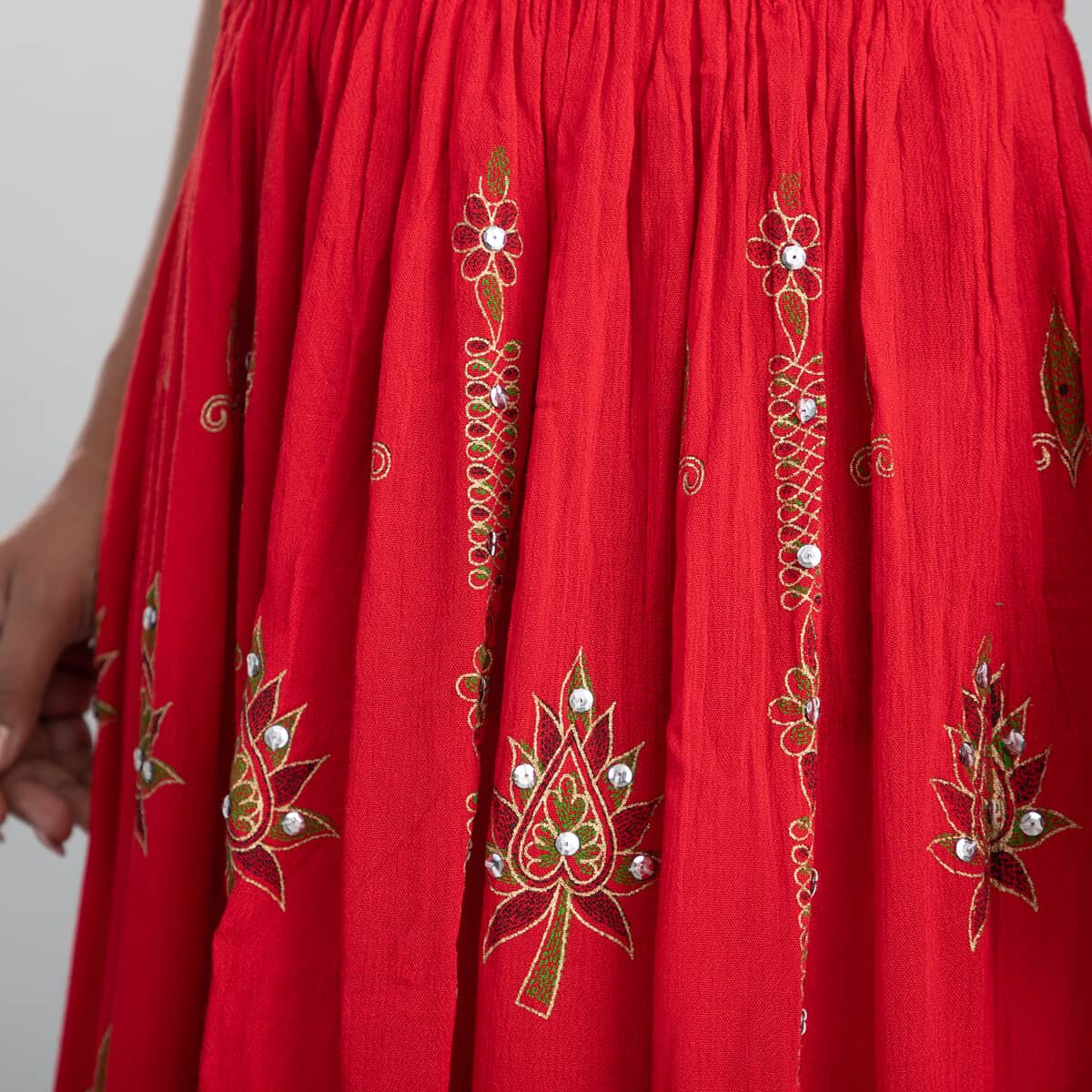 Tamsy Red Sequin Embellished Long Skirt for Women , Cotton Skirt , Summer Skirts , Women Skirt image number 4