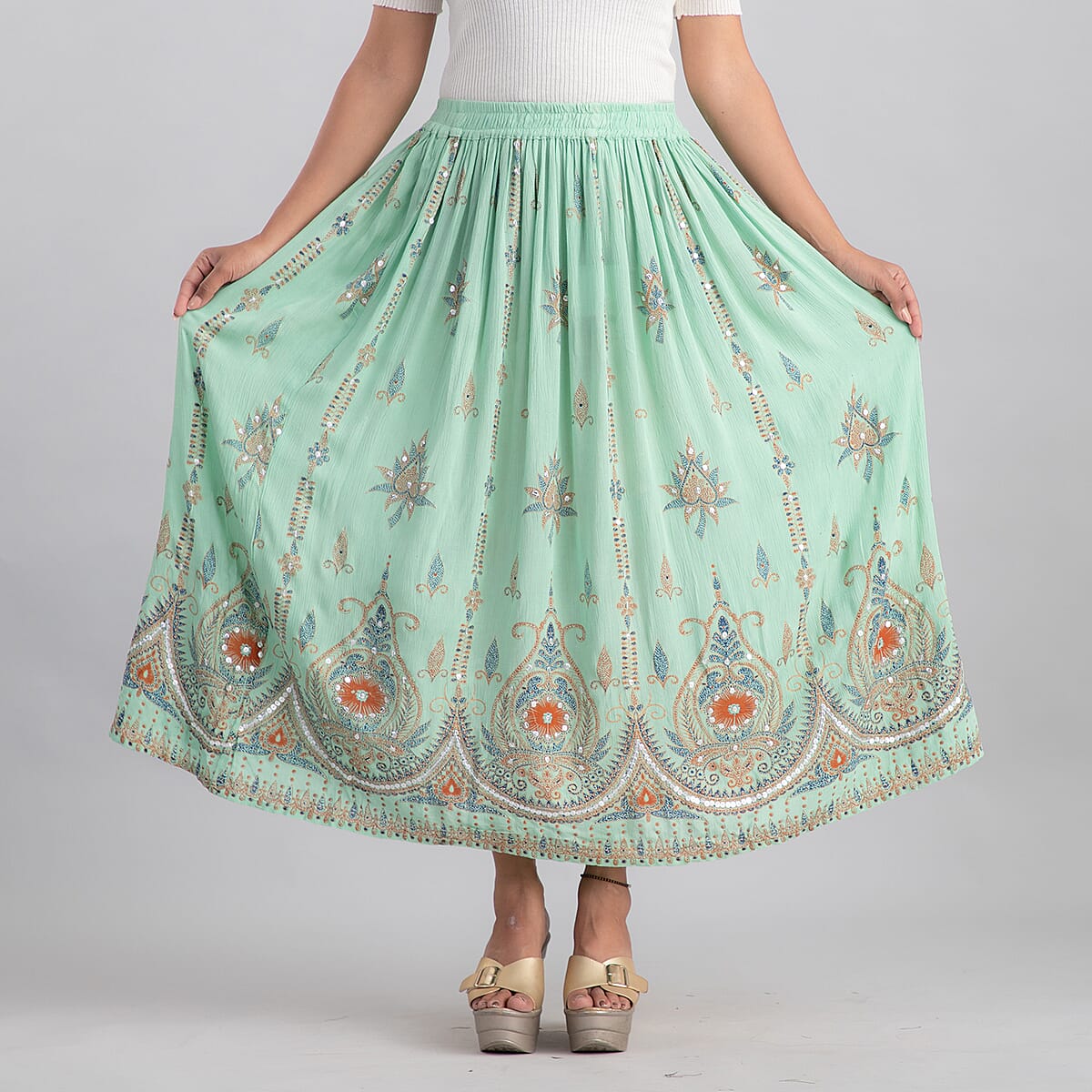 Tamsy Olive Green Sequin Embellished Long Skirt for Women , Cotton Skirt , Summer Skirts , Women Skirt image number 1