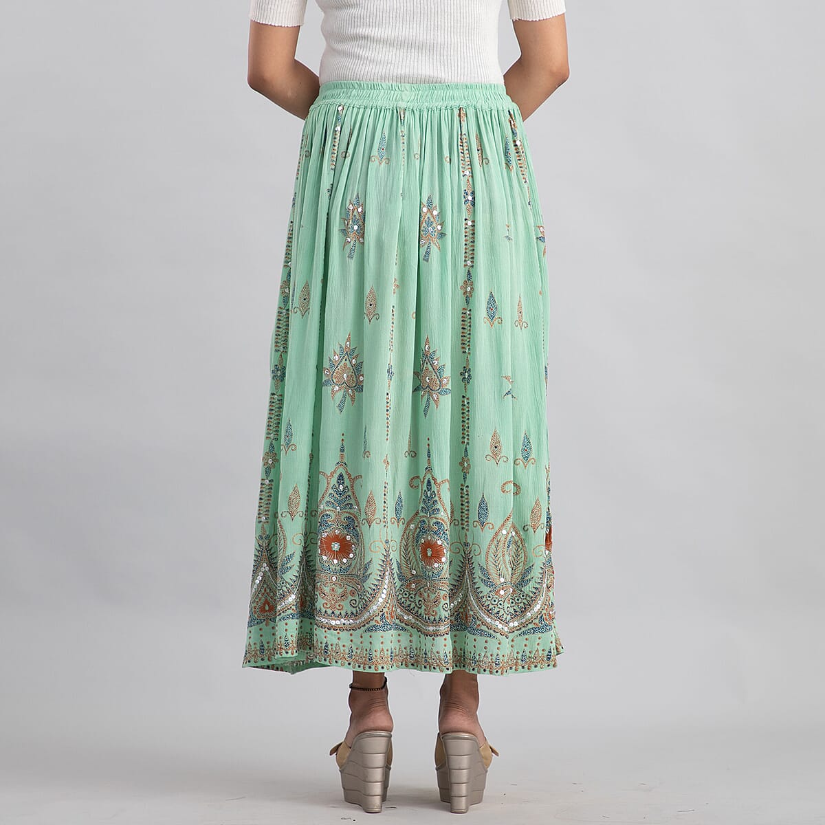 Tamsy Olive Green Sequin Embellished Long Skirt for Women , Cotton Skirt , Summer Skirts , Women Skirt image number 2