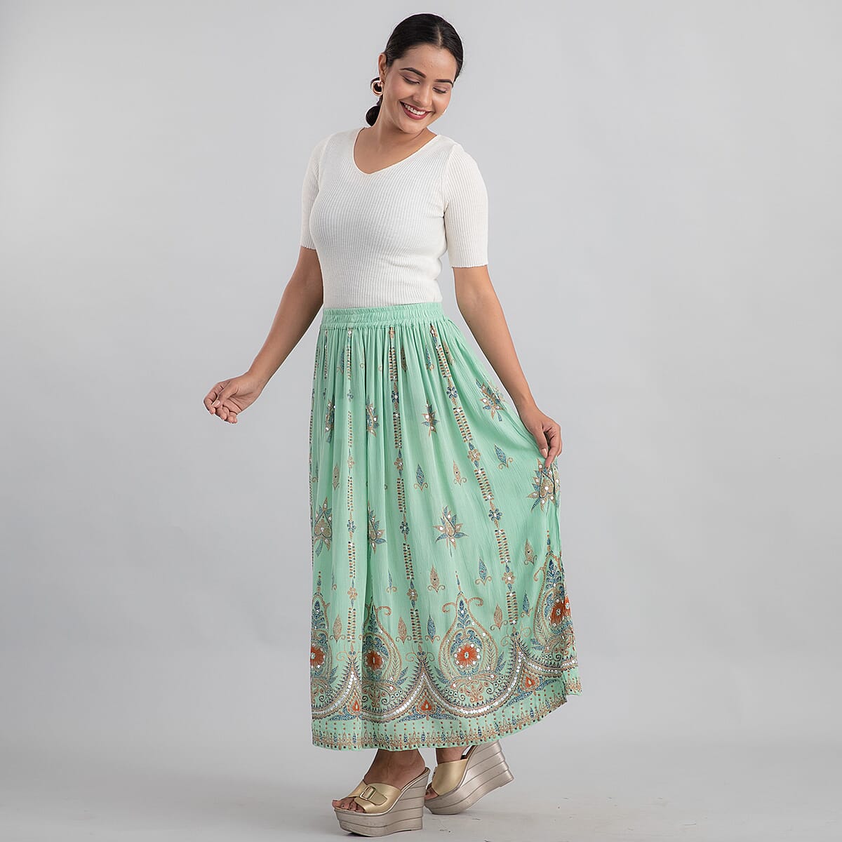 Tamsy Olive Green Sequin Embellished Long Skirt for Women , Cotton Skirt , Summer Skirts , Women Skirt image number 3