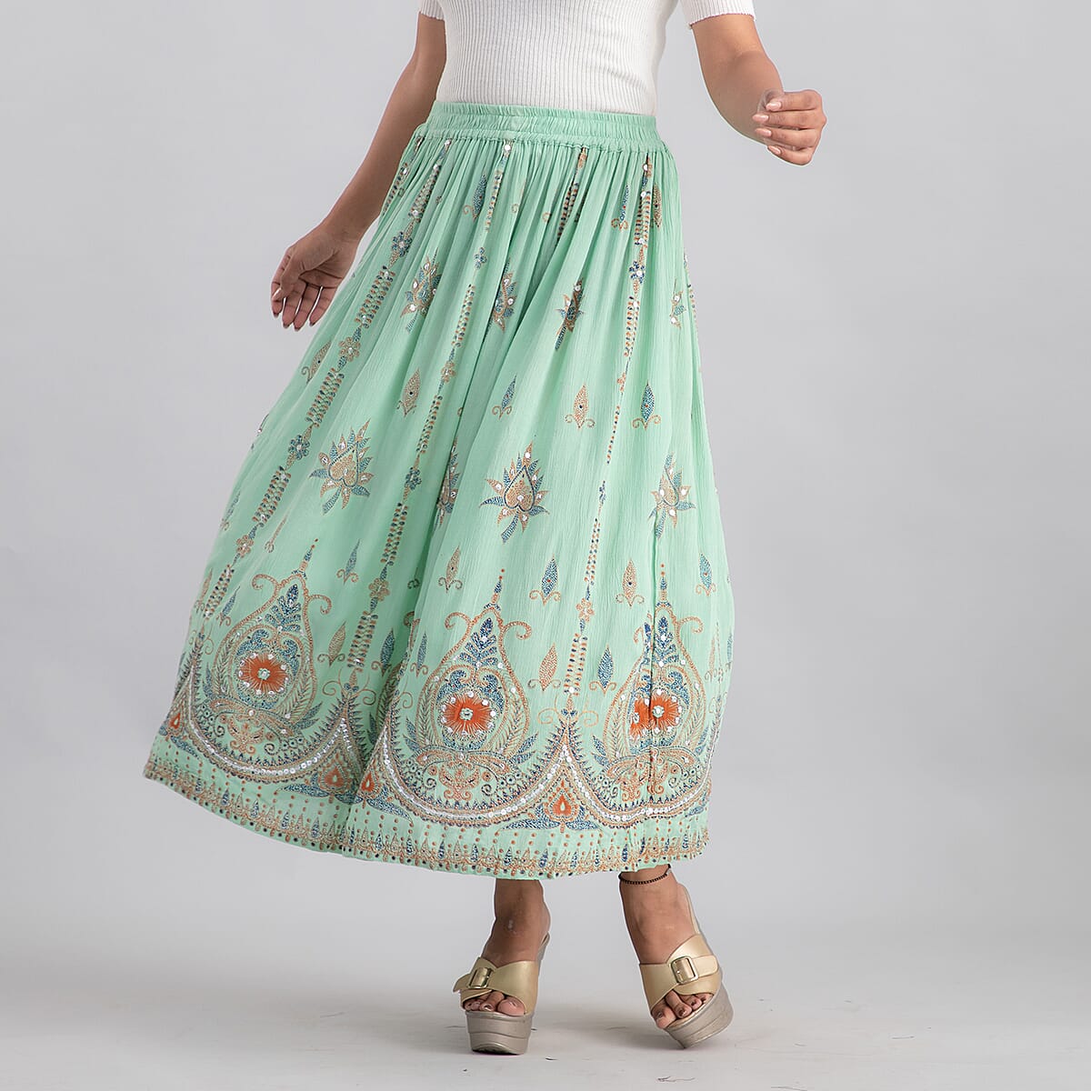 Tamsy Olive Green Sequin Embellished Long Skirt for Women , Cotton Skirt , Summer Skirts , Women Skirt image number 4