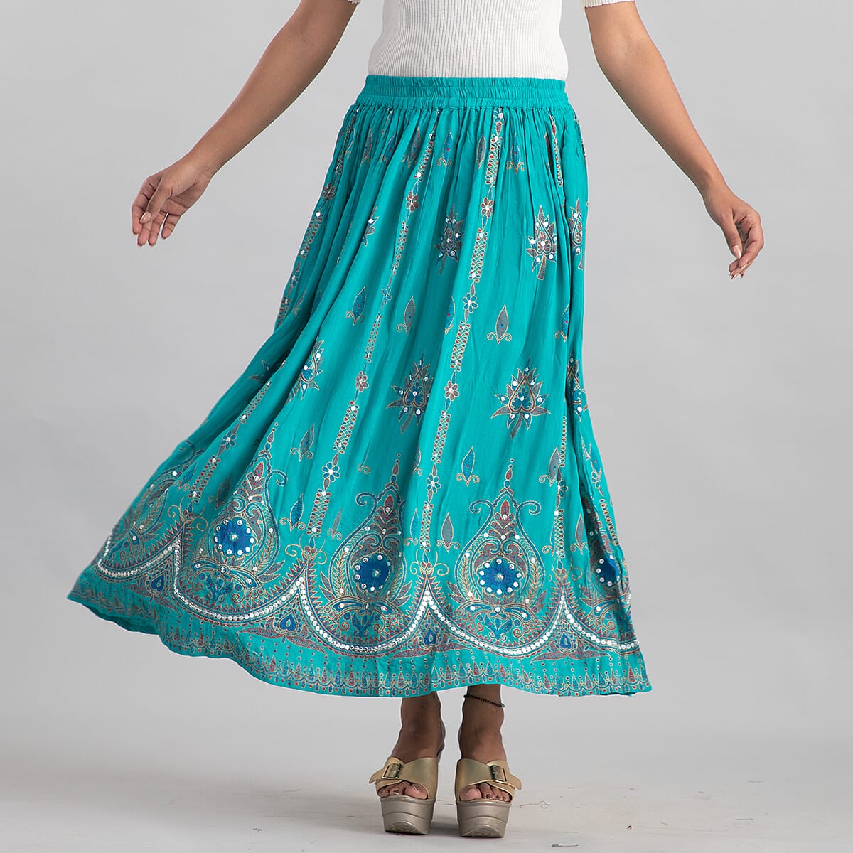 Tamsy Green Sequin Embellished Long Skirt for Women , Cotton Skirt , Summer Skirts , Women Skirt image number 1
