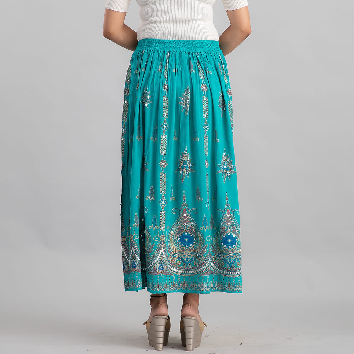 Tamsy Green Sequin Embellished Long Skirt for Women , Cotton Skirt , Summer Skirts , Women Skirt image number 2