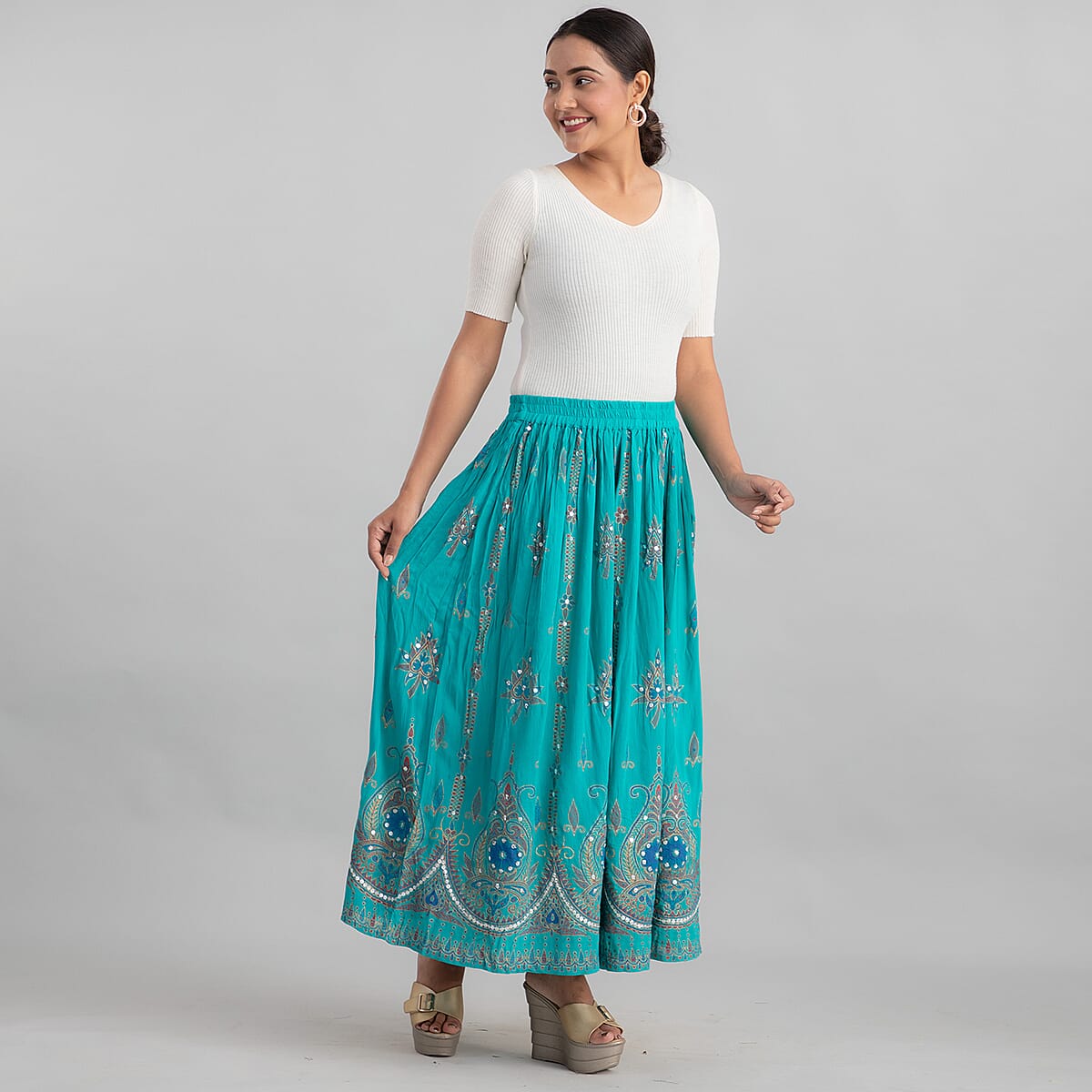 Tamsy Green Sequin Embellished Long Skirt for Women , Cotton Skirt , Summer Skirts , Women Skirt image number 3