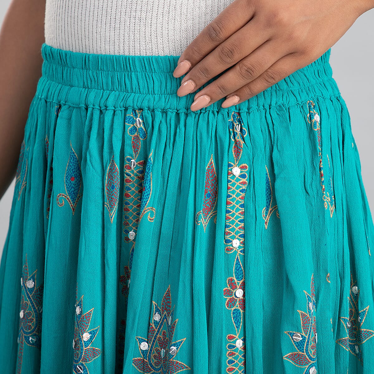 Tamsy Green Sequin Embellished Long Skirt for Women , Cotton Skirt , Summer Skirts , Women Skirt image number 4