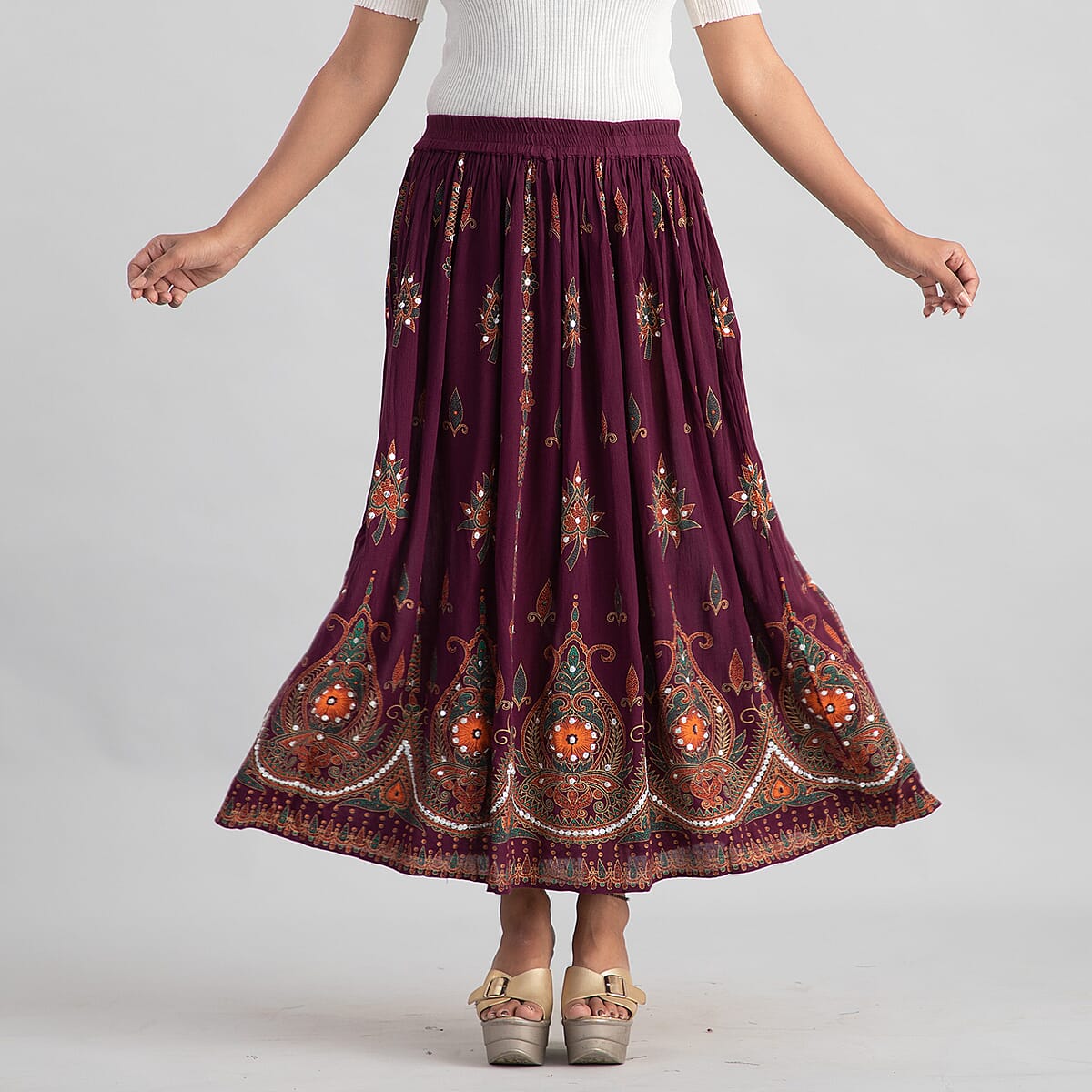 Tamsy Maroon Sequin Embellished Long Skirt for Women , Cotton Skirt , Summer Skirts , Women Skirt image number 1