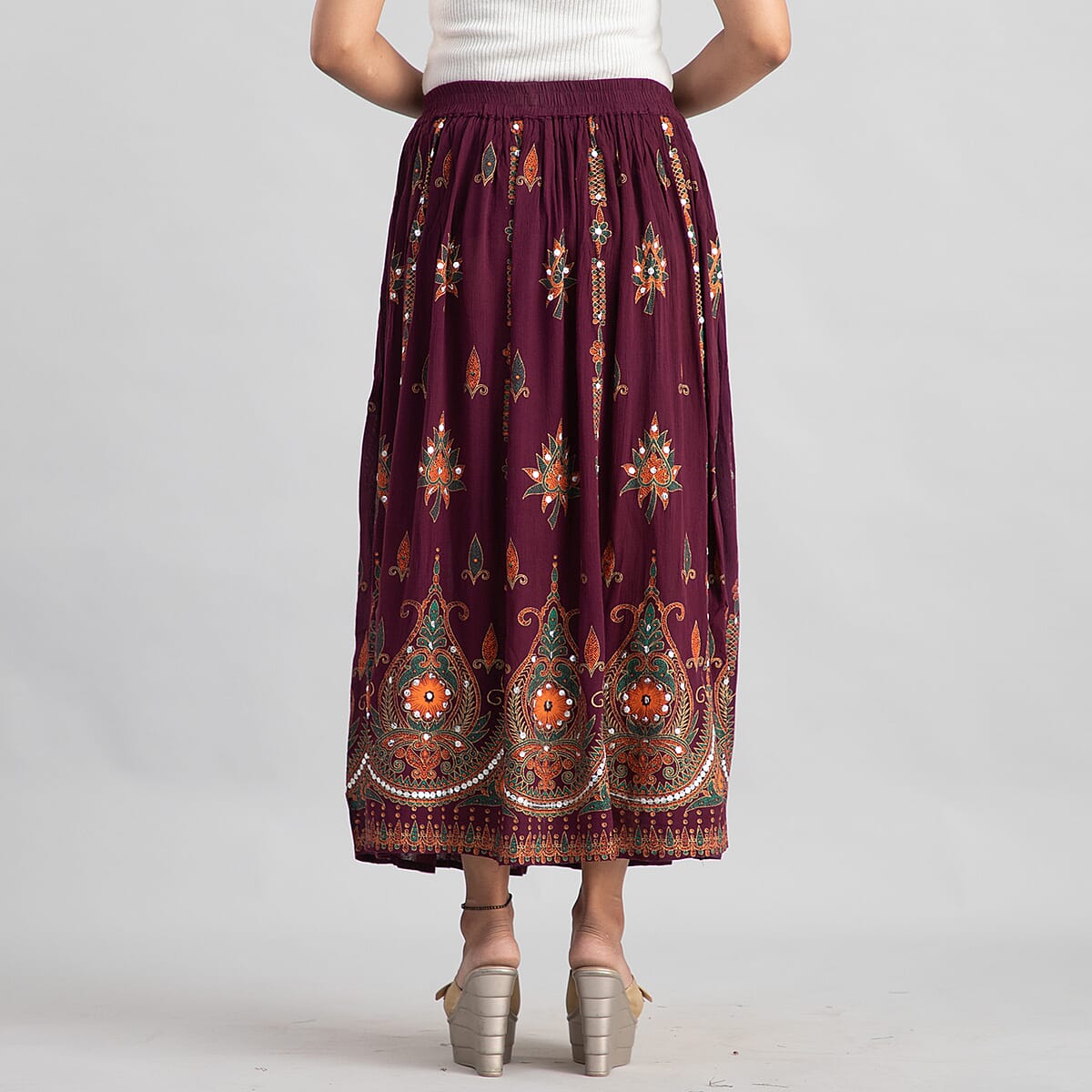 Tamsy Maroon Sequin Embellished Long Skirt for Women , Cotton Skirt , Summer Skirts , Women Skirt image number 2