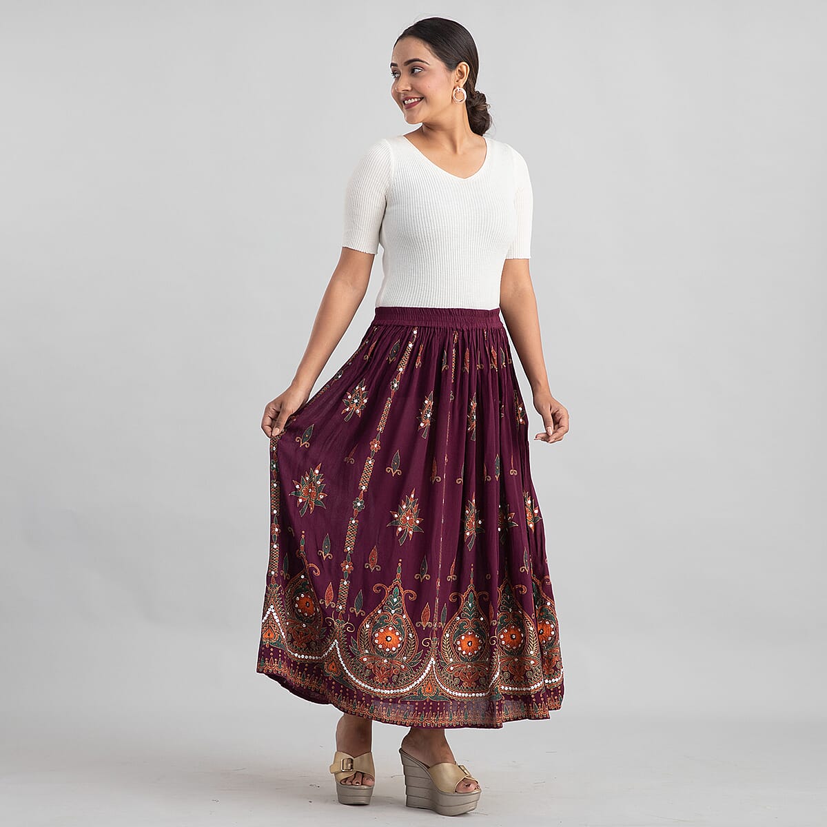 Tamsy Maroon Sequin Embellished Long Skirt for Women , Cotton Skirt , Summer Skirts , Women Skirt image number 3