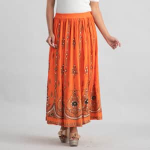 Tamsy Orange Sequin Embellished Long Skirt for Women, Cotton Skirt, Summer Skirts, Women Skirt
