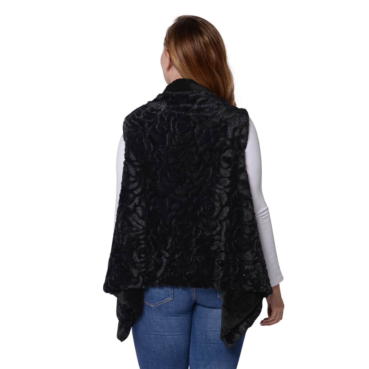 Black Embossed Rose Pattern Faux Fur Vest (L/XL, 100% Polyester) image number 1